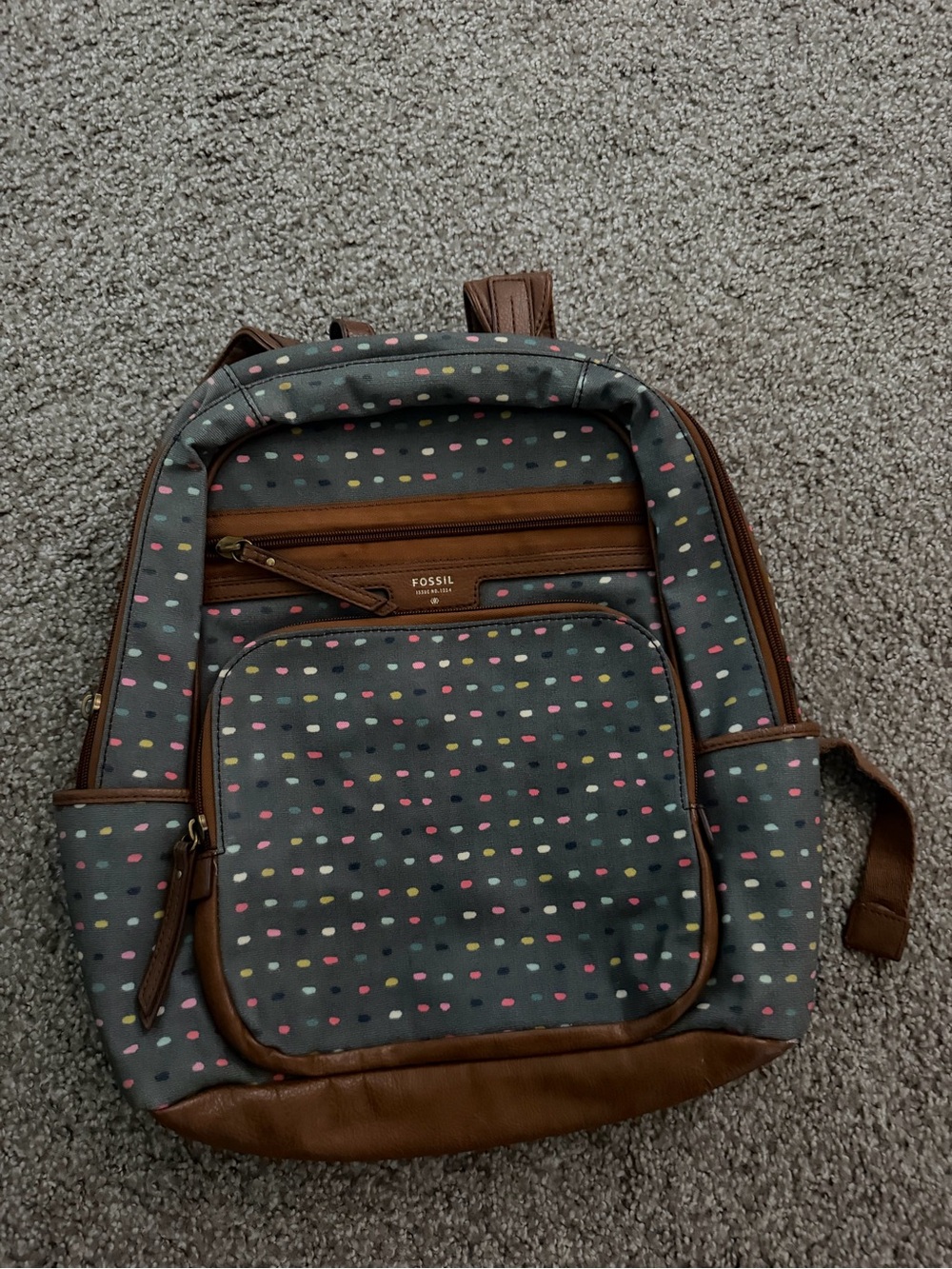 Fossil Gray Polka Dot Backpack with Brown Trim